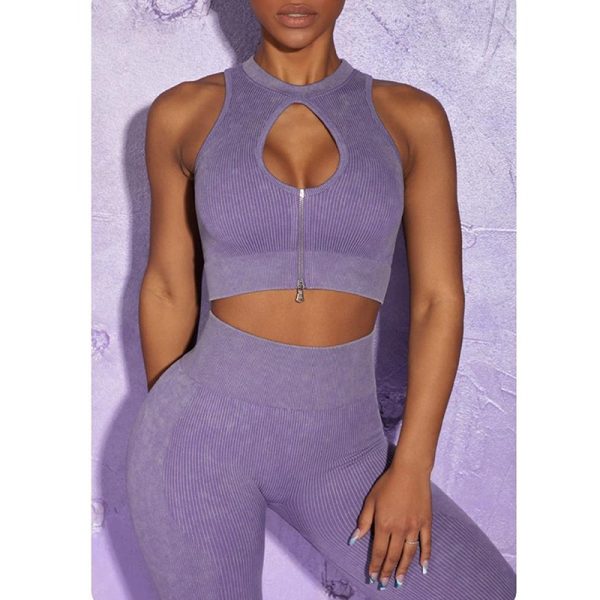 Purple Acid Washed Ribbed Leggings & Zip Crop Top Set