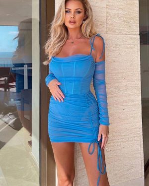 Mesh Off-shoulder Drawstring Dress