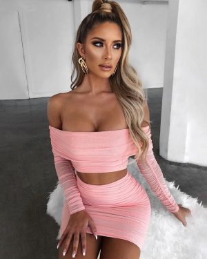 Pink Pleated Off Shoulder Mesh Long Sleeve Crop Top & Skirt Set