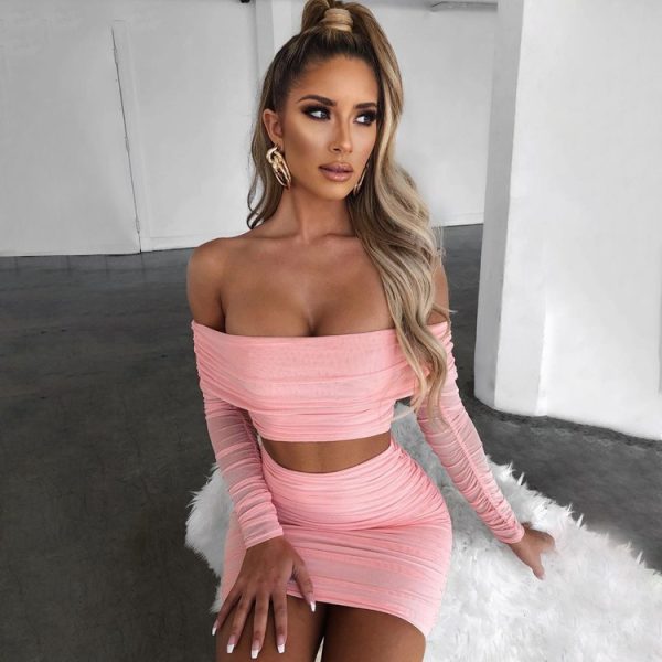 Pink Pleated Off Shoulder Mesh Long Sleeve Crop Top & Skirt Set - Image 2