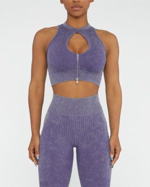 Purple Acid Washed Ribbed Leggings & Zip Crop Top Set