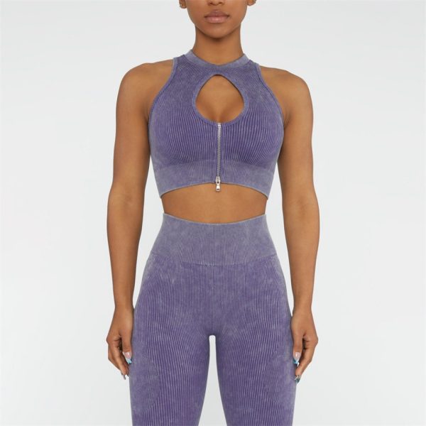 Purple Acid Washed Ribbed Leggings & Zip Crop Top Set - Image 2