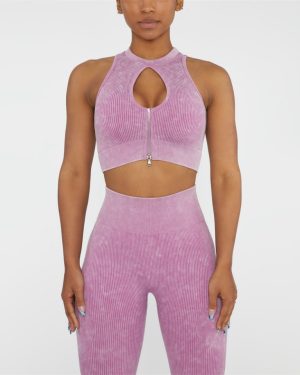 Pink Acid Washed Ribbed Leggings & Zip Crop Top Set