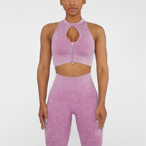 Pink Acid Washed Ribbed Leggings & Zip Crop Top Set
