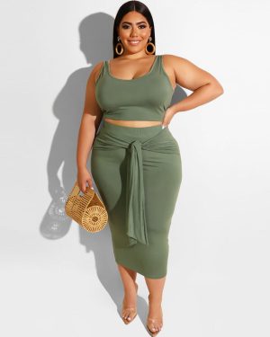 Khaki Midi Skirt And Crop Top Set