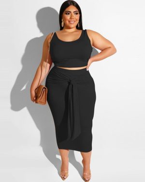 Black Midi Skirt And Crop Top Set