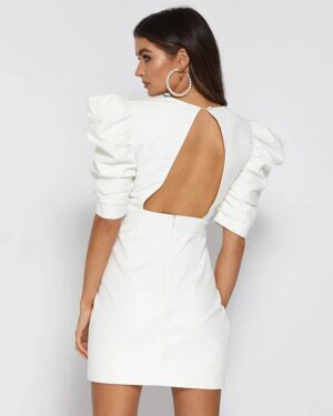 V-neck Puff Sleeve Backless Dress