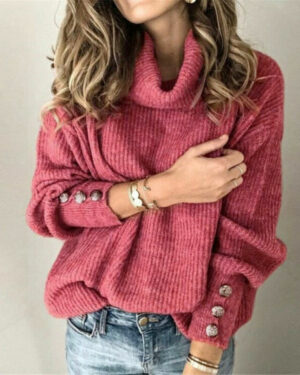 Red Turtleneck With Buttons On Sleeve Sweater