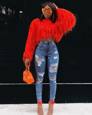 Red Fringe Crop Oversized Knitted Jumper