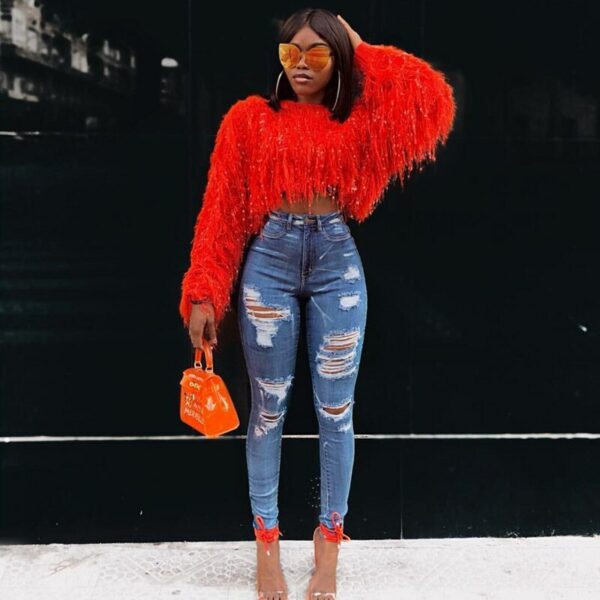 Red Fringe Crop Oversized Knitted Jumper