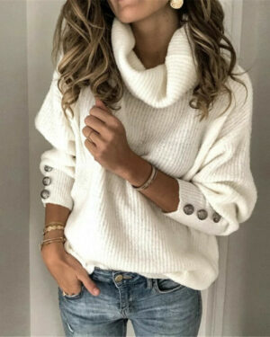 White Turtleneck With Buttons On Sleeve Sweater