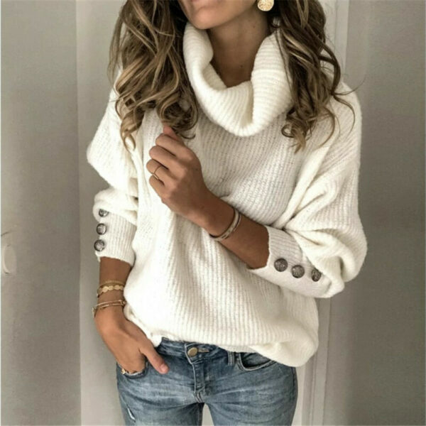 White Turtleneck With Buttons On Sleeve Sweater