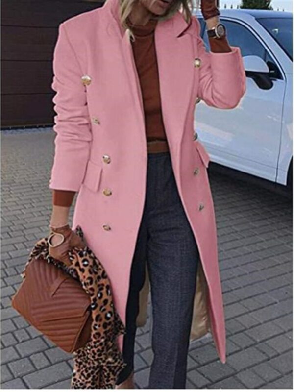 Rose Red Plain Lapel Long Sleeve Wool Jacket - Image 3