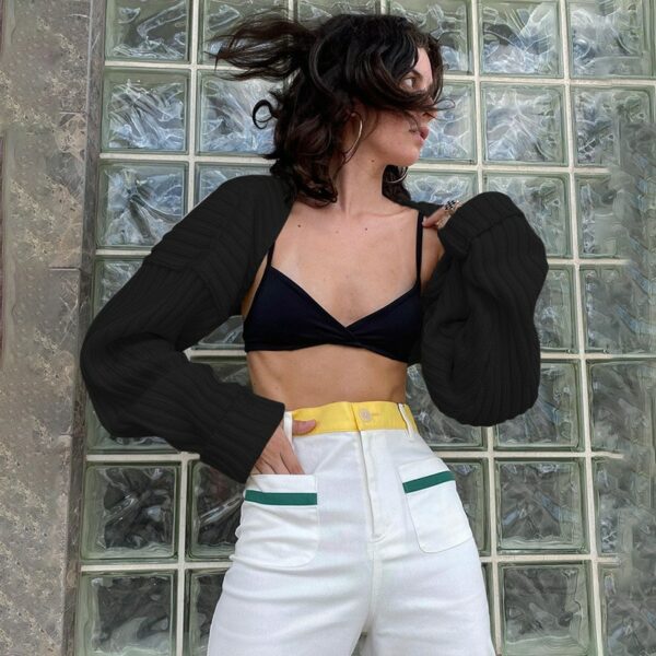 Camel Knitted Crop Long Sleeve Sweater - Image 3