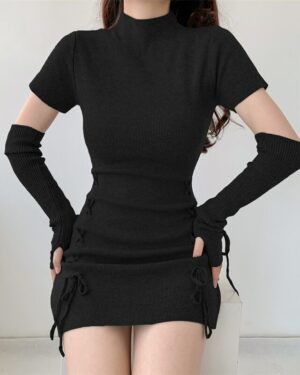 Black Knitted Mini Dress With Matching Gloves