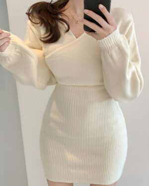 Knitted V-Neck Mini Jumper Dress