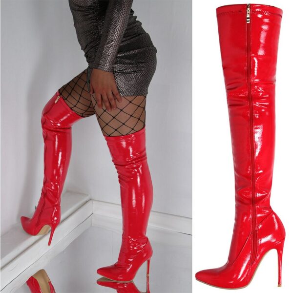 Red Pointed Toe Thigh High Heel Boots