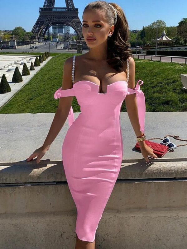 Pearl Strap Plunge Party Dress - Image 7
