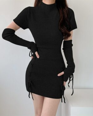Black Knitted Mini Dress With Matching Gloves