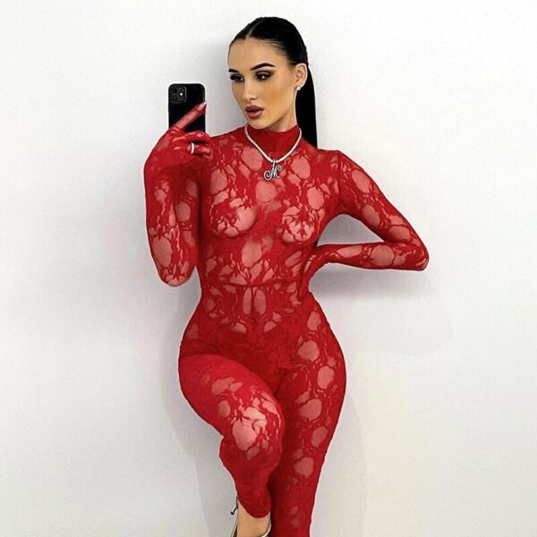 Mesh Sheer Hollow Out Long Sleeve Jumpsuit - Image 3