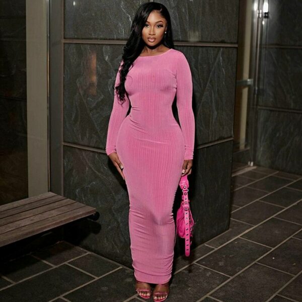Pink Knitted Long Sleeve Bodycon Maxi Dress
