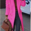 Rose Red Plain Lapel Long Sleeve Wool Jacket
