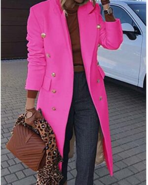 Rose Red Plain Lapel Long Sleeve Wool Jacket