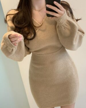 Khaki Knitted V-Neck Mini Jumper Dress