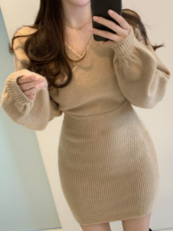 Knitted V-Neck Mini Jumper Dress - Image 4