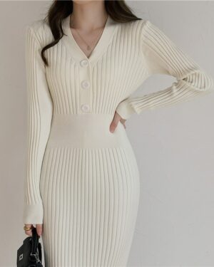White Knitted Long Sleeve Jumper Dress
