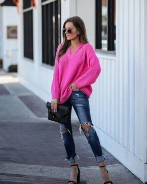 Rose Red V Neck Oversize Long Sleeve Jumper