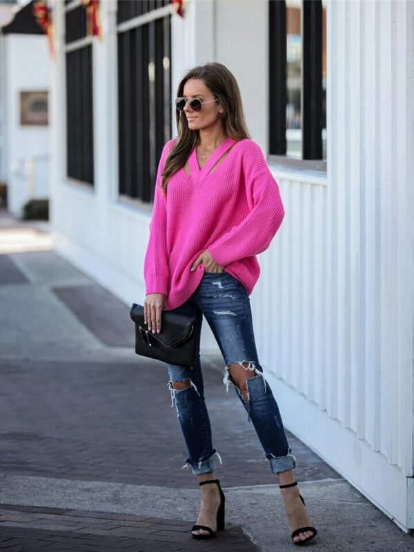 Rose Red V Neck Oversize Long Sleeve Jumper