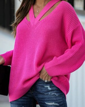 Rose Red V Neck Oversize Long Sleeve Jumper