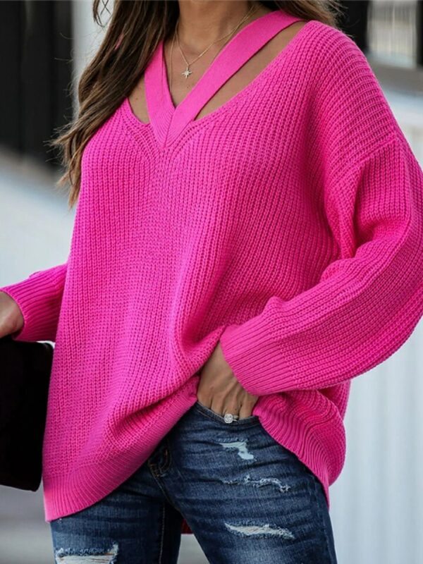 Rose Red V Neck Oversize Long Sleeve Jumper - Image 2