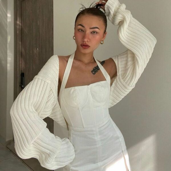 Camel Knitted Crop Long Sleeve Sweater - Image 2