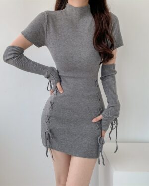 Grey Knitted Mini Dress With Matching Gloves
