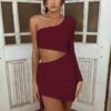 Red One Shoulder Waist Hollow Out Dress - Image 5
