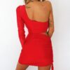 Red One Shoulder Waist Hollow Out Dress - Image 2