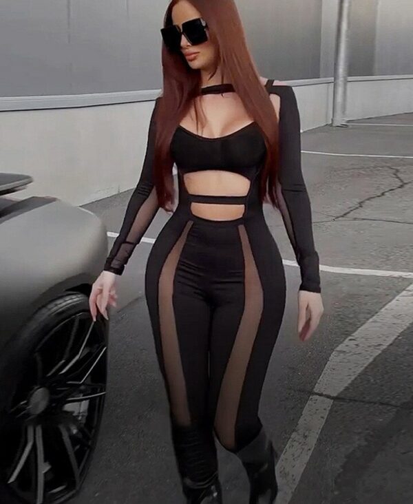 Patchwork Mesh Backless Hollow Out Jumpsuit - Image 4