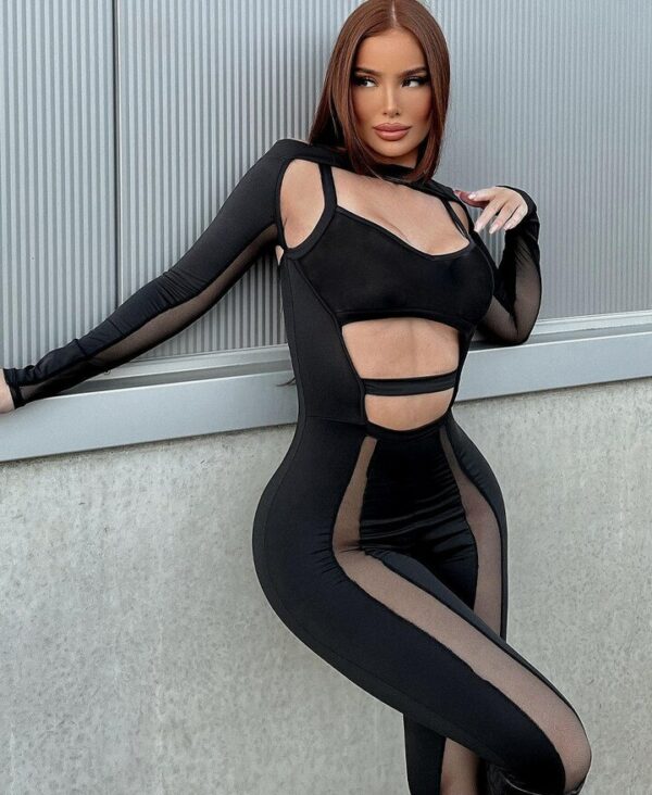 Patchwork Mesh Backless Hollow Out Jumpsuit - Image 3