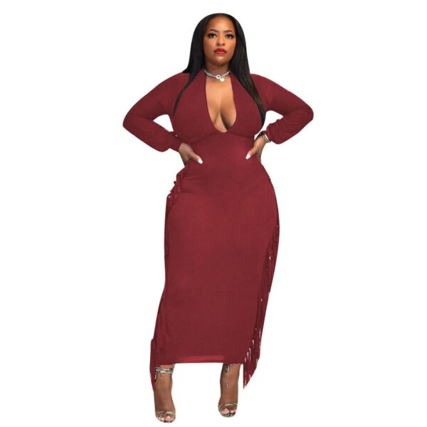 Orange Long Sleeve Deep V Neck Tassel Dress - Image 3