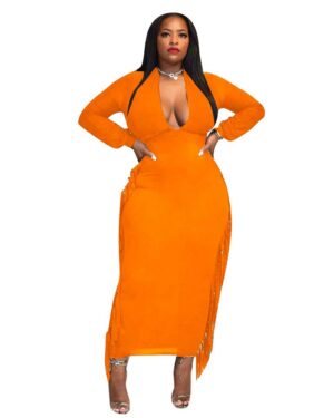 Orange Long Sleeve Deep V Neck Tassel Dress