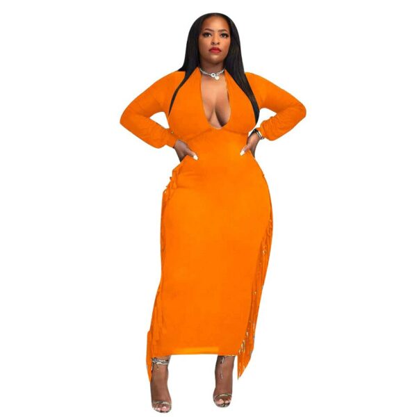 Orange Long Sleeve Deep V Neck Tassel Dress
