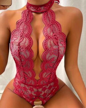 Red Halter Lace Crotchless Bodysuit