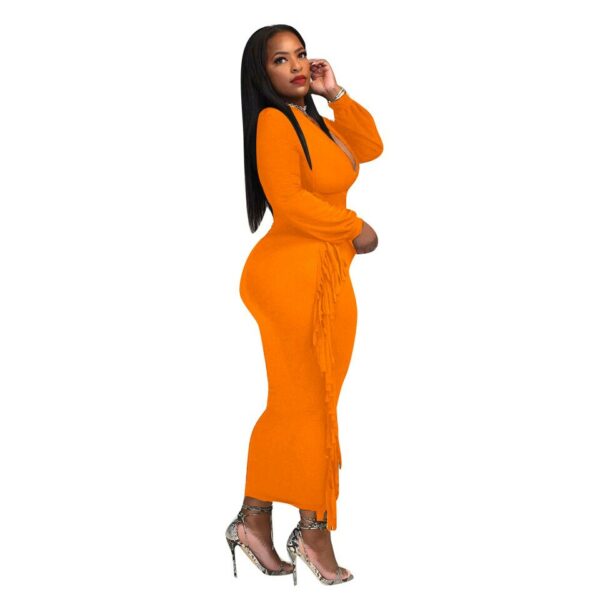 Orange Long Sleeve Deep V Neck Tassel Dress - Image 2