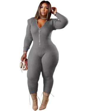 Grey Knitted One Piece Hoodie Jumpsuit