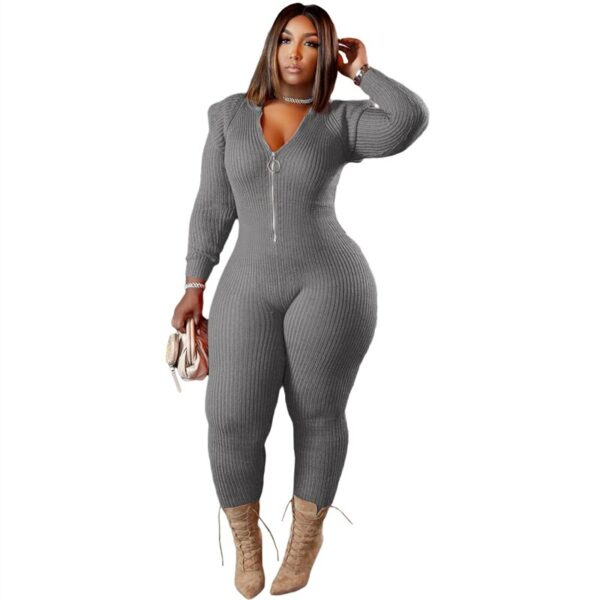 Grey Knitted One Piece Hoodie Jumpsuit