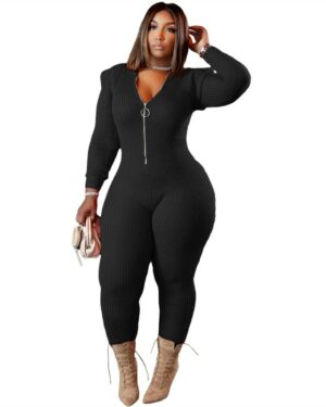 Black Knitted One Piece Hoodie Jumpsuit