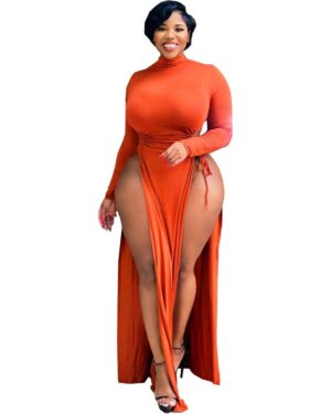 Orange Long Sleeve High Split Dress
