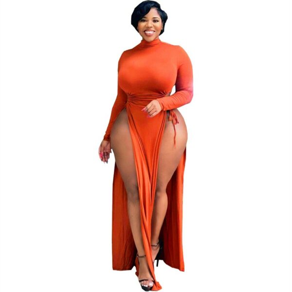 Orange Long Sleeve High Split Dress